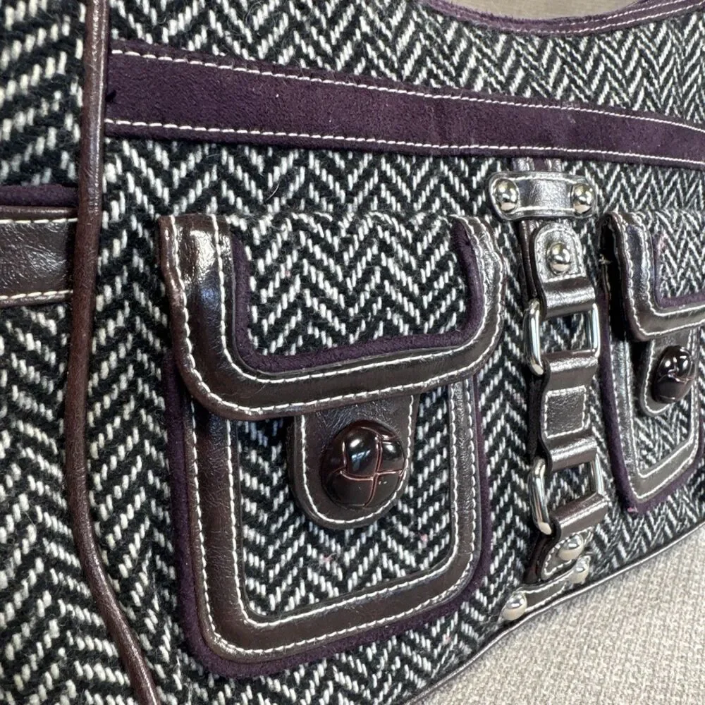 Vtg 90s Apt 9 Herringbone Shoulder Bag with Leather Trim Pockets Purse Handbag